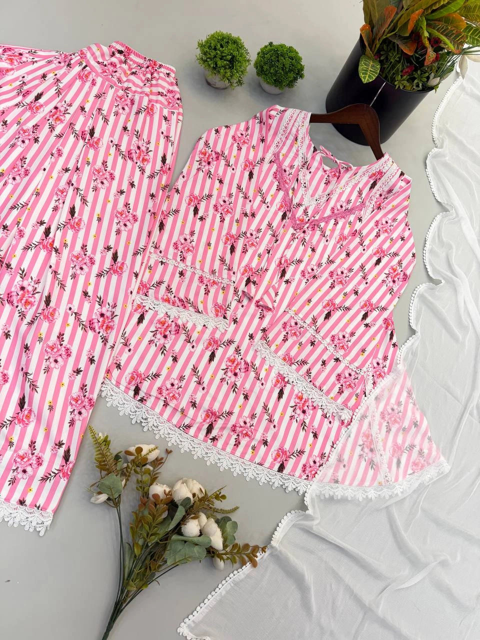 Pink Floral Coord Set Lace Border Detail Flat Lay KC26